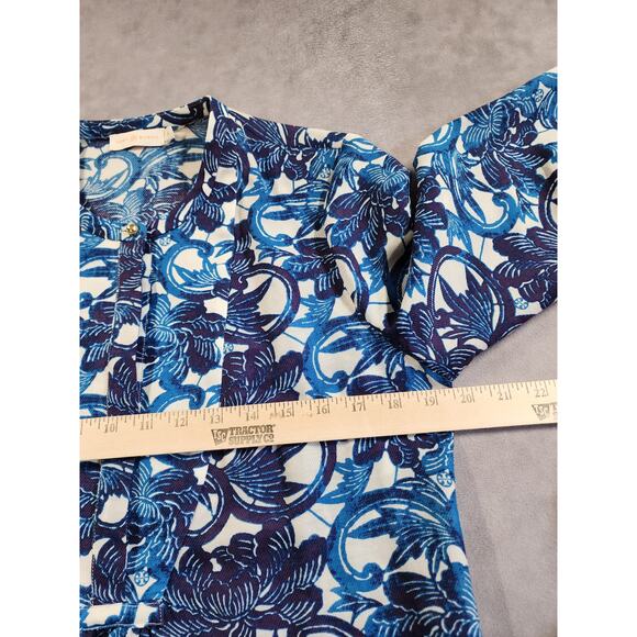 Tory Burch Button Up Tunic Top Womens Size 10 Blue Floral Geometric Wool Silk - Picture 6 of 14